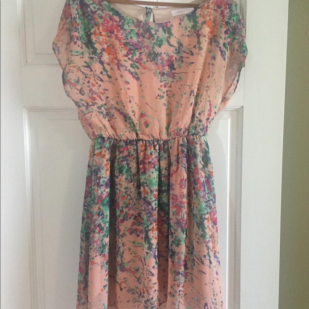 LUSH DRESS- Blush pink floral-with the front shorter than the back.
